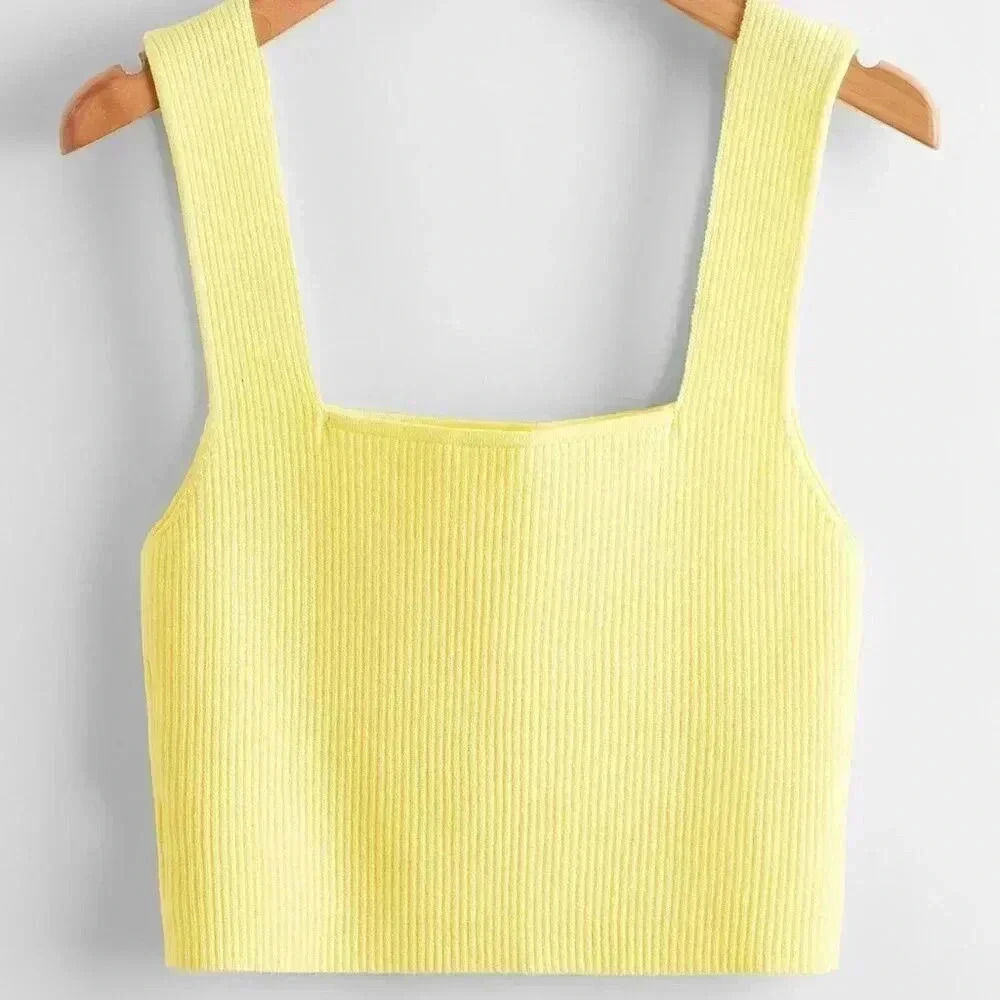 Yellow Casual Women's Solid Ribbed Knit Top